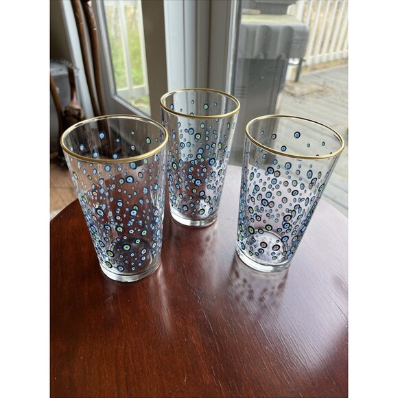 Rakle Evil Eye Drinking Glasses Set/3 Gold Rim Blue Green Orange Design - Picture 6 of 7